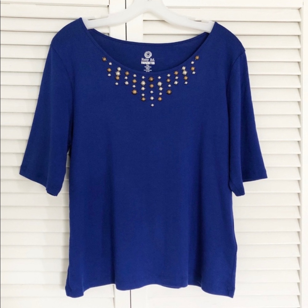 Ruby Rd Top Size XL Blue Embellished Scoop Neck Blouse NWOT